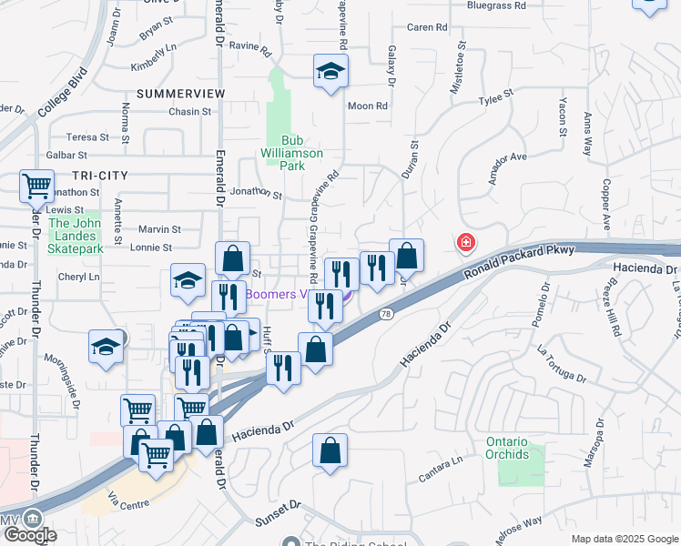 map of restaurants, bars, coffee shops, grocery stores, and more near 1515 Date Street in Vista