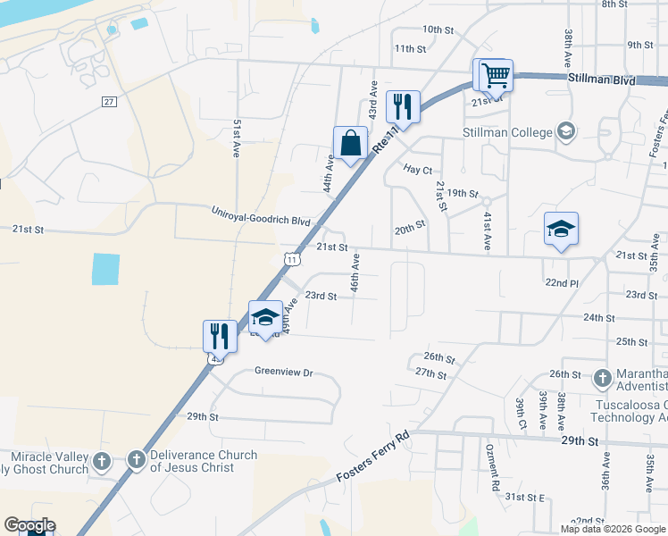map of restaurants, bars, coffee shops, grocery stores, and more near 4630 22nd Street in Tuscaloosa