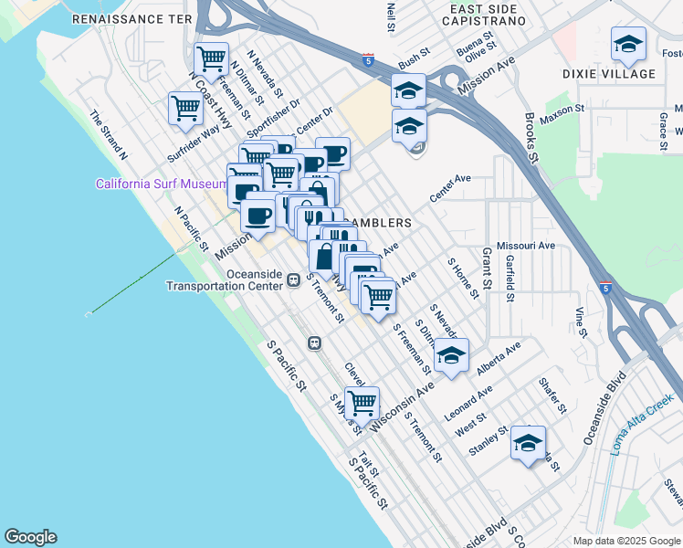 map of restaurants, bars, coffee shops, grocery stores, and more near 237 South Freeman Street in Oceanside