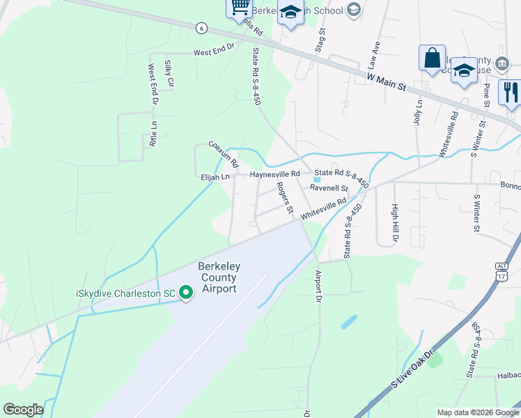map of restaurants, bars, coffee shops, grocery stores, and more near 107 Center Street in Moncks Corner