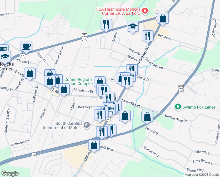 map of restaurants, bars, coffee shops, grocery stores, and more near 111 Gadsden Street in Moncks Corner