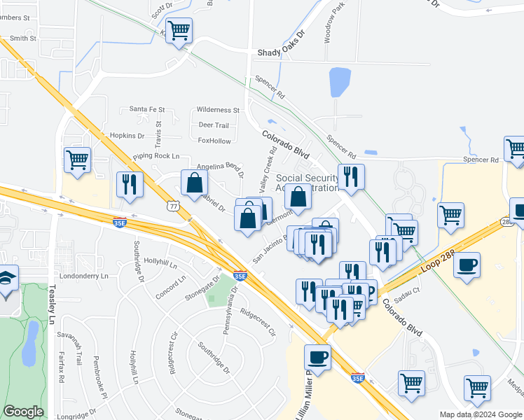 map of restaurants, bars, coffee shops, grocery stores, and more near 2320 Clermont Lane in Denton