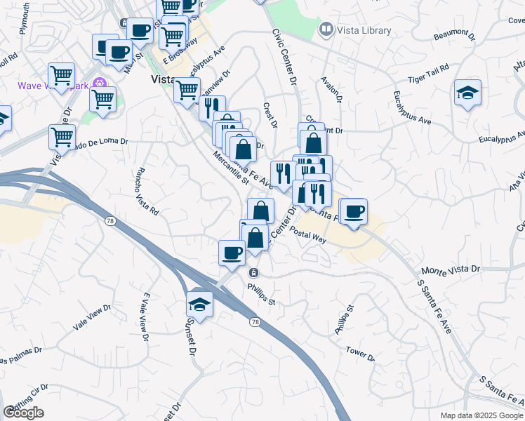 map of restaurants, bars, coffee shops, grocery stores, and more near 753 Rincon Street in Vista