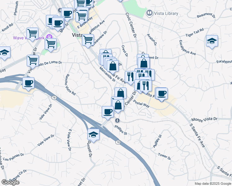 map of restaurants, bars, coffee shops, grocery stores, and more near 753 Rincon Street in Vista
