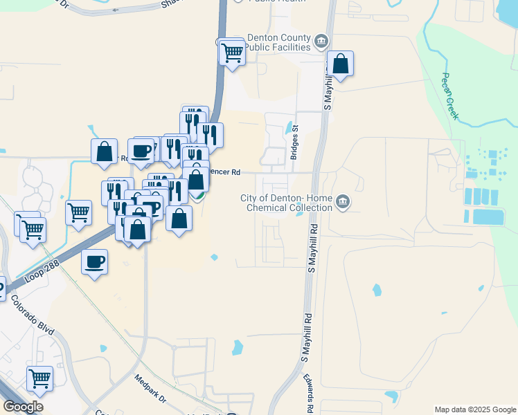 map of restaurants, bars, coffee shops, grocery stores, and more near 2852 Spencer Road in Denton