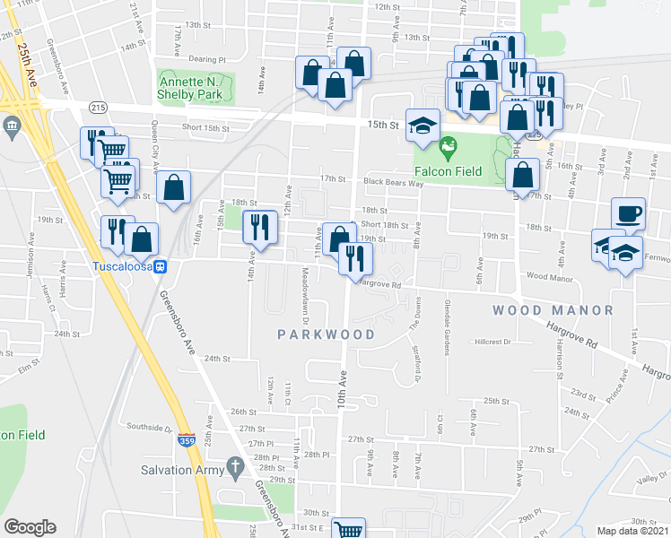 map of restaurants, bars, coffee shops, grocery stores, and more near 1003 Hargrove Road in Tuscaloosa