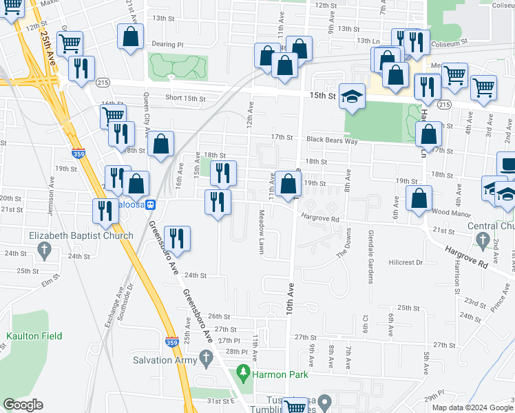 map of restaurants, bars, coffee shops, grocery stores, and more near 1 Meadowlawn Drive in Tuscaloosa