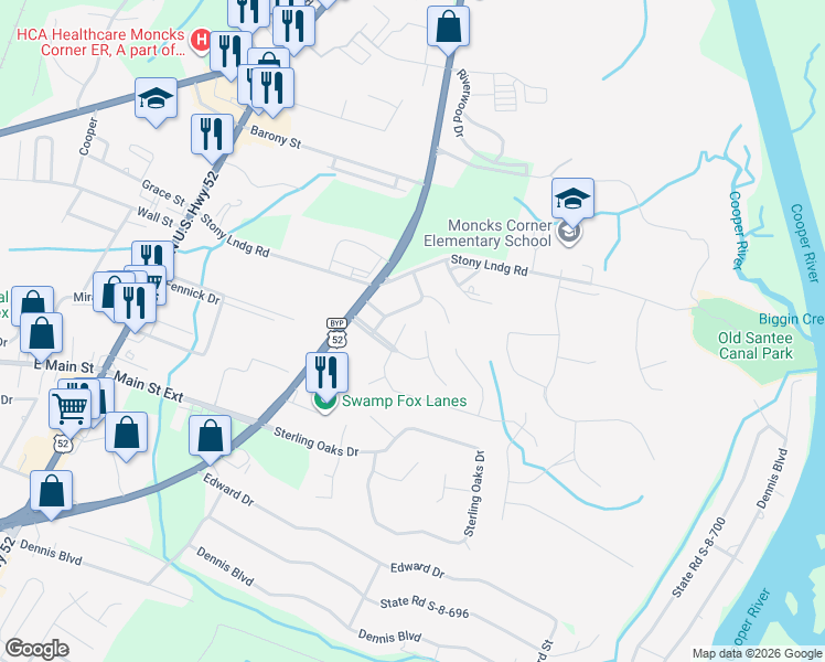 map of restaurants, bars, coffee shops, grocery stores, and more near 1095 Francis Marion Circle in Moncks Corner