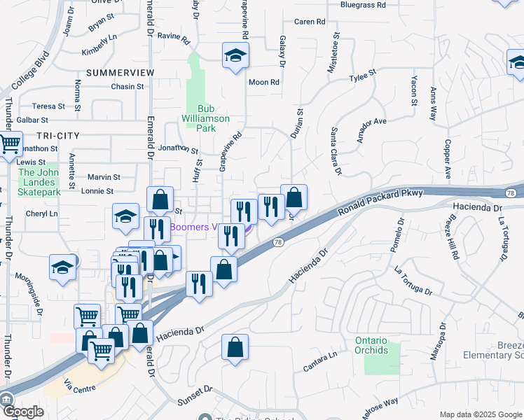map of restaurants, bars, coffee shops, grocery stores, and more near 173 Durian Street in Vista