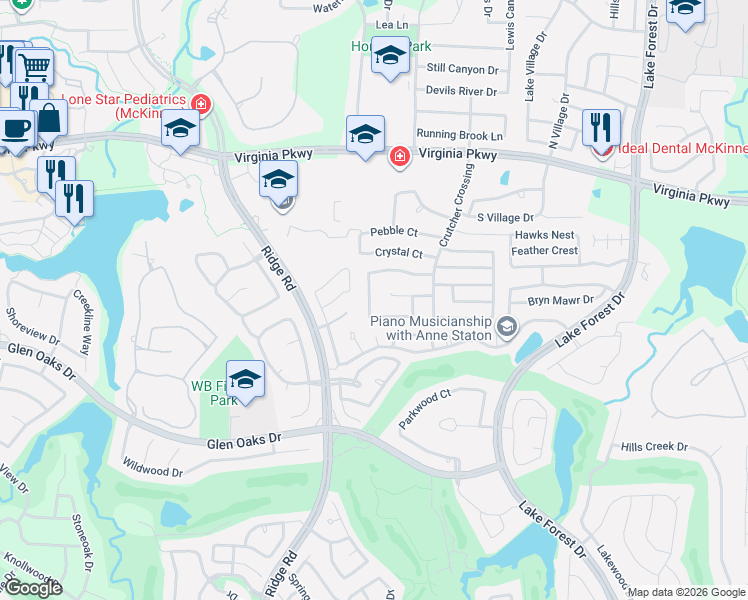 map of restaurants, bars, coffee shops, grocery stores, and more near 505 Rock Ridge Way in McKinney