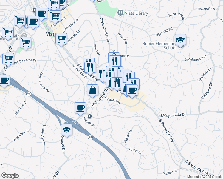 map of restaurants, bars, coffee shops, grocery stores, and more near 930 South Santa Fe Avenue in Vista