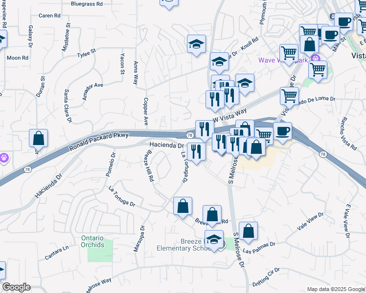 map of restaurants, bars, coffee shops, grocery stores, and more near 435 La Tortuga Drive in Vista