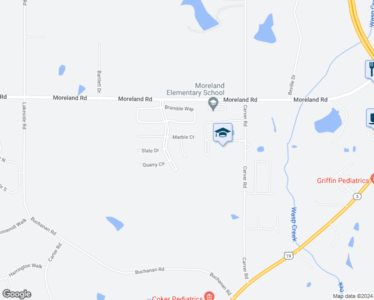 map of restaurants, bars, coffee shops, grocery stores, and more near 107 Ruby Way in Griffin