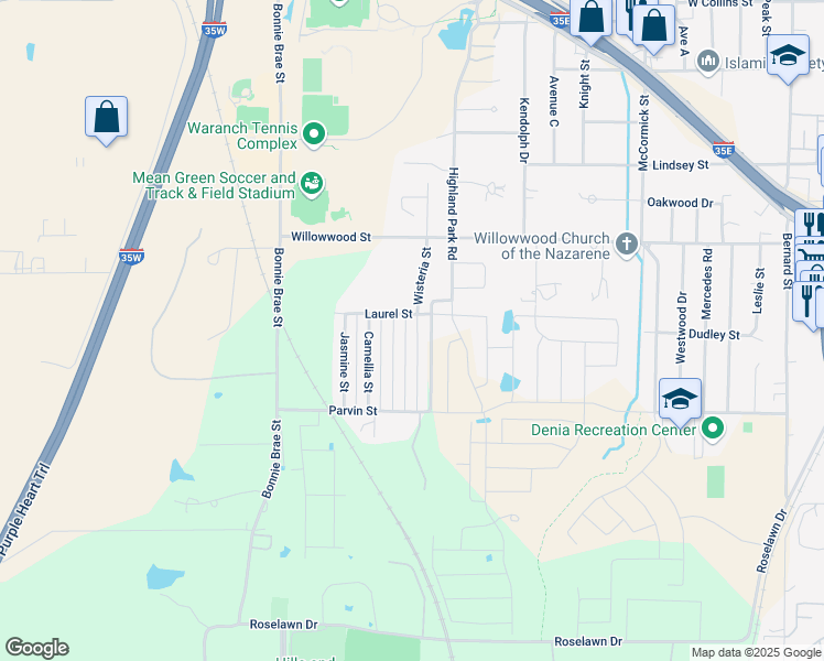 map of restaurants, bars, coffee shops, grocery stores, and more near 1902 Wisteria Street in Denton