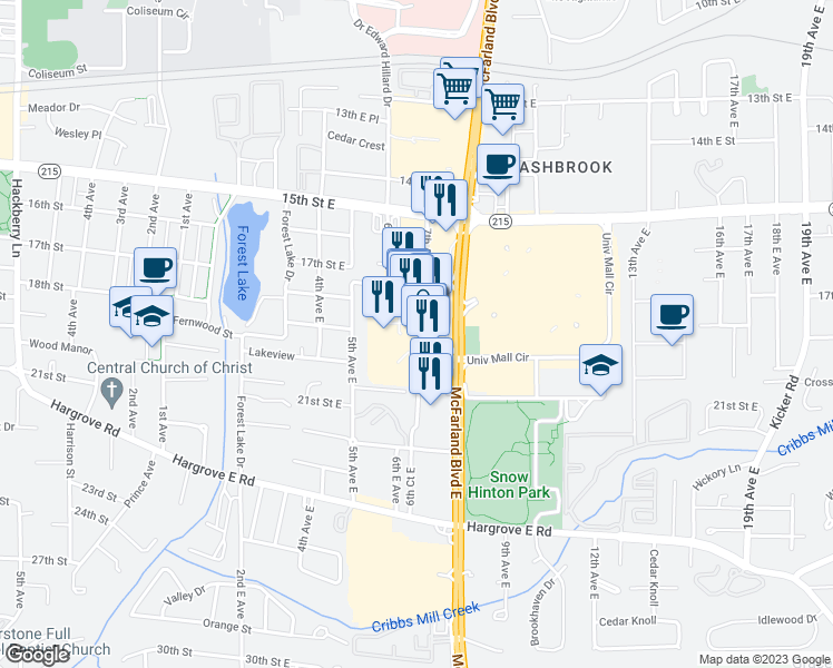 map of restaurants, bars, coffee shops, grocery stores, and more near 1800 McFarland Boulevard East in Tuscaloosa