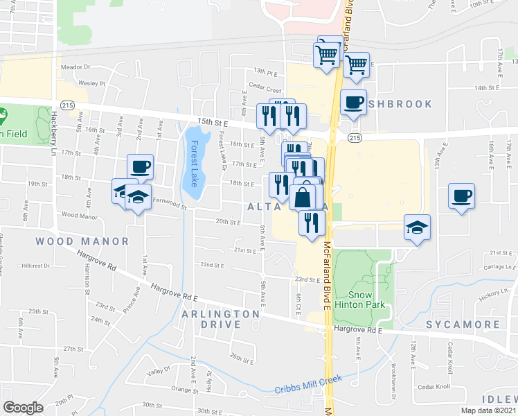 map of restaurants, bars, coffee shops, grocery stores, and more near 1900 5th Avenue East in Tuscaloosa