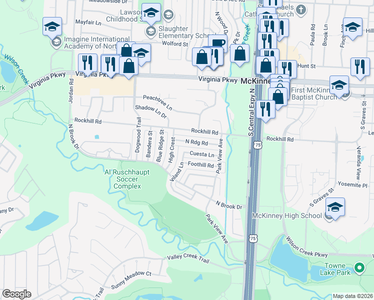 map of restaurants, bars, coffee shops, grocery stores, and more near 2334 Cuesta Lane in McKinney