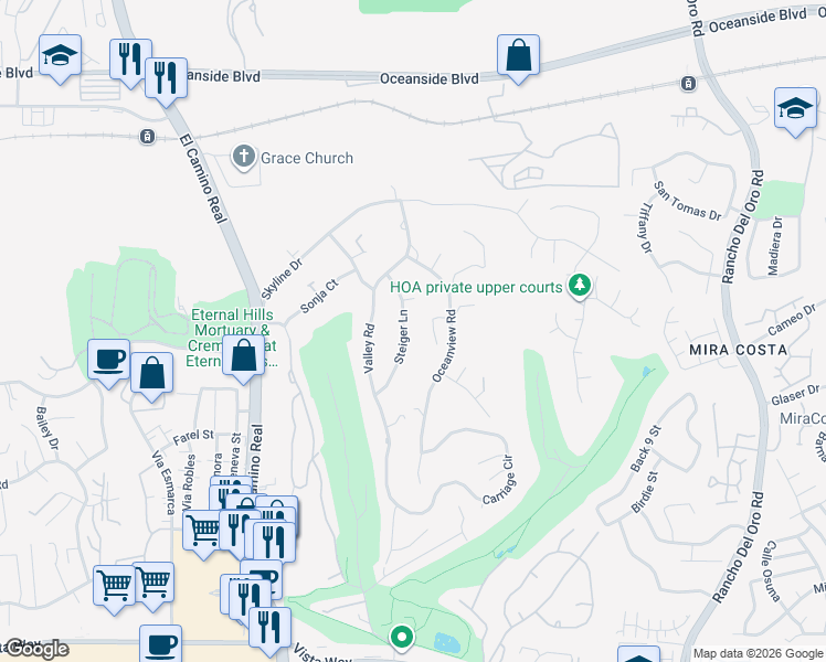 map of restaurants, bars, coffee shops, grocery stores, and more near 2066 Steiger Lane in Oceanside