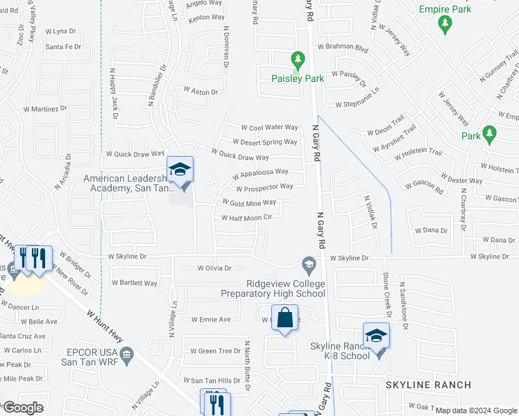 map of restaurants, bars, coffee shops, grocery stores, and more near 1825 West Gold Mine Way in Queen Creek