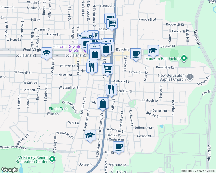 map of restaurants, bars, coffee shops, grocery stores, and more near 404 South McDonald Street in McKinney
