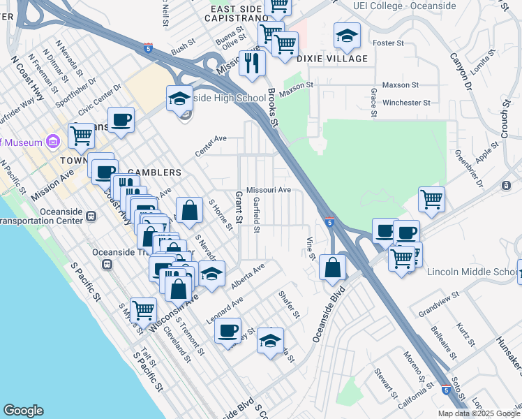 map of restaurants, bars, coffee shops, grocery stores, and more near 526 Garfield Street in Oceanside