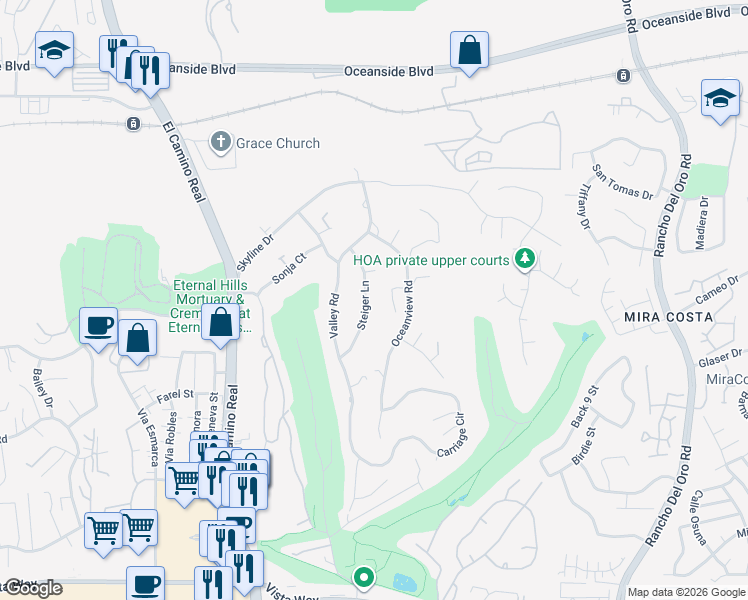 map of restaurants, bars, coffee shops, grocery stores, and more near 2066 Steiger Lane in Oceanside