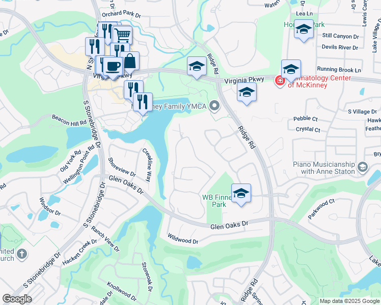 map of restaurants, bars, coffee shops, grocery stores, and more near 308 Park Lake Drive in McKinney