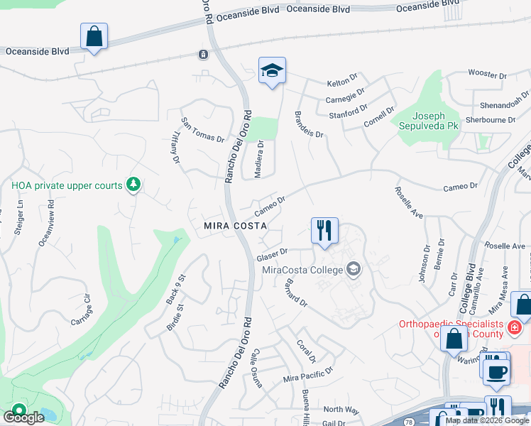 map of restaurants, bars, coffee shops, grocery stores, and more near 3436 Cameo Drive in Oceanside