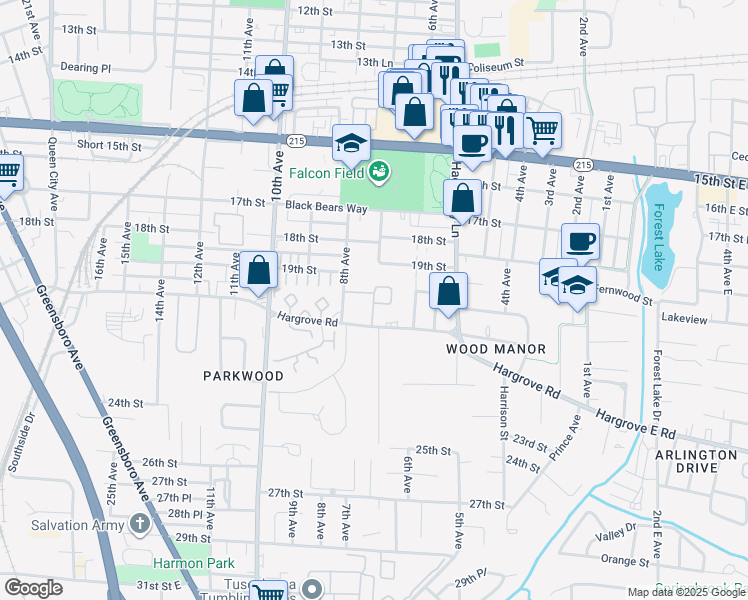 map of restaurants, bars, coffee shops, grocery stores, and more near 8 Fountain Square in Tuscaloosa