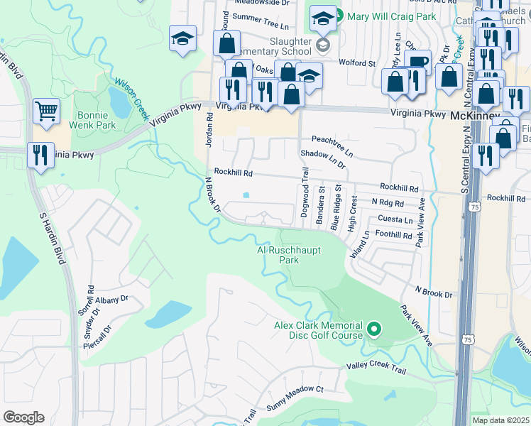 map of restaurants, bars, coffee shops, grocery stores, and more near 2700 North Brook Drive in McKinney