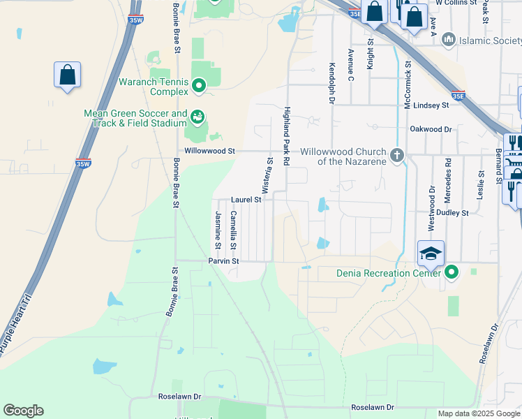 map of restaurants, bars, coffee shops, grocery stores, and more near 1902 Wisteria Street in Denton