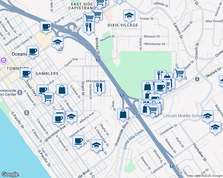 map of restaurants, bars, coffee shops, grocery stores, and more near 524 Vine Street in Oceanside