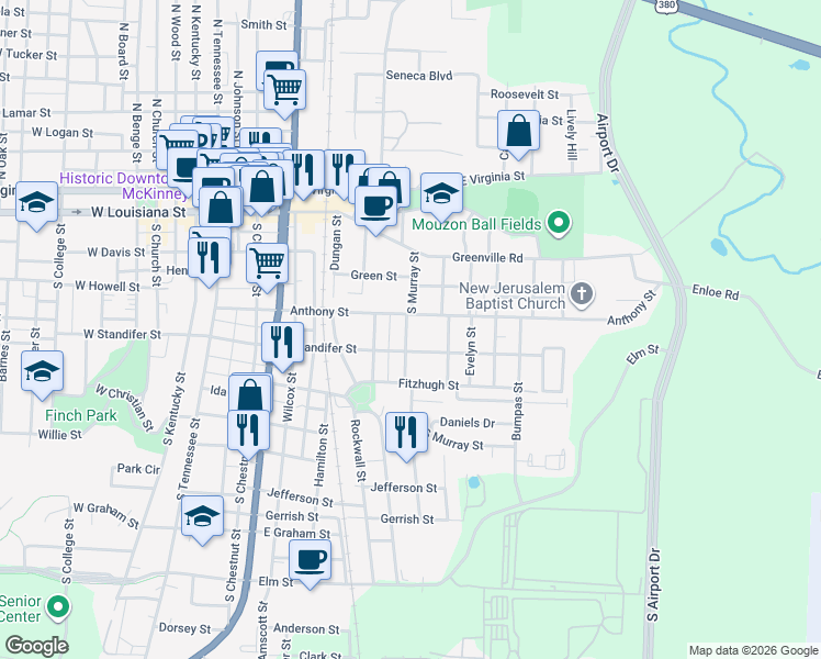 map of restaurants, bars, coffee shops, grocery stores, and more near 403 South Murray Street in McKinney