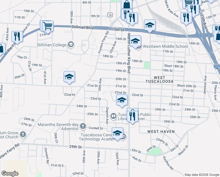 map of restaurants, bars, coffee shops, grocery stores, and more near 3403 21st St in Tuscaloosa