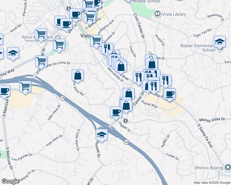 map of restaurants, bars, coffee shops, grocery stores, and more near 534 Lado De Loma Drive in Vista