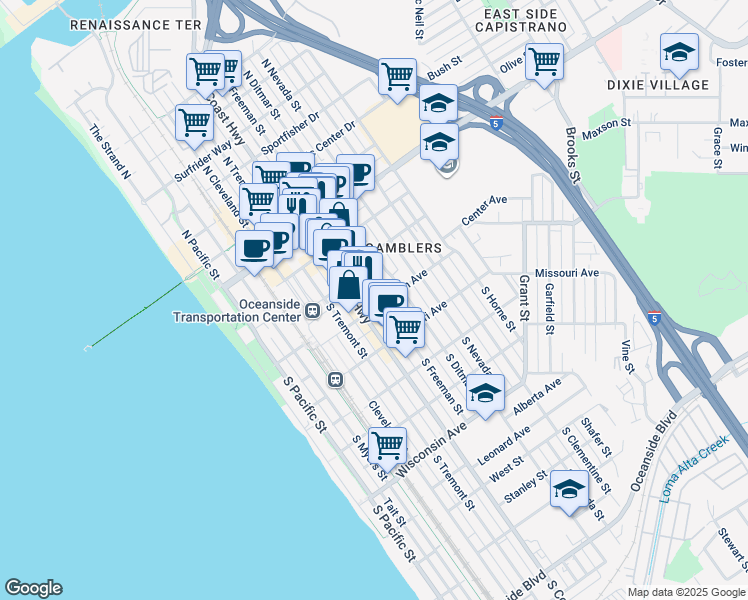 map of restaurants, bars, coffee shops, grocery stores, and more near 237 South Freeman Street in Oceanside
