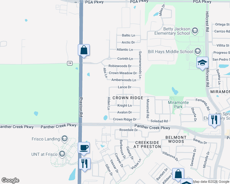 map of restaurants, bars, coffee shops, grocery stores, and more near 9606 Royalwood Lane in Frisco