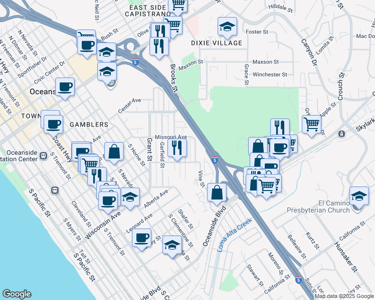map of restaurants, bars, coffee shops, grocery stores, and more near 524 Rockledge Street in Oceanside