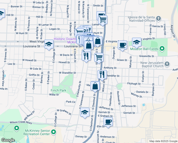 map of restaurants, bars, coffee shops, grocery stores, and more near 407 South Tennessee Street in McKinney
