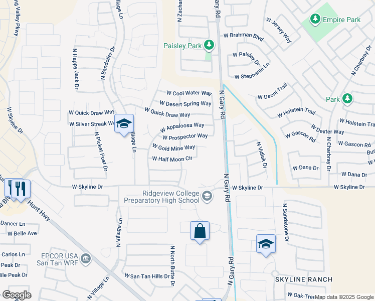map of restaurants, bars, coffee shops, grocery stores, and more near 1765 West Gold Mine Way in Queen Creek