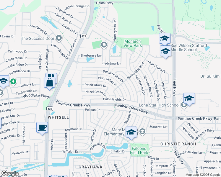 map of restaurants, bars, coffee shops, grocery stores, and more near 13825 Grayhawk Boulevard in Frisco