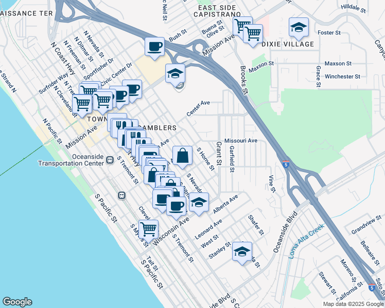 map of restaurants, bars, coffee shops, grocery stores, and more near 410 South Clementine Street in Oceanside