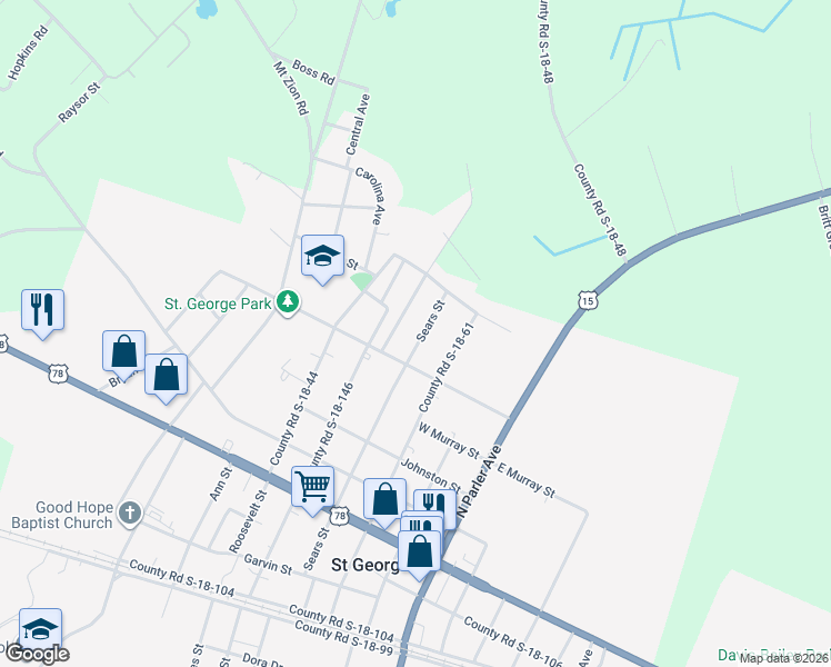 map of restaurants, bars, coffee shops, grocery stores, and more near 705 Sears Street in Saint George