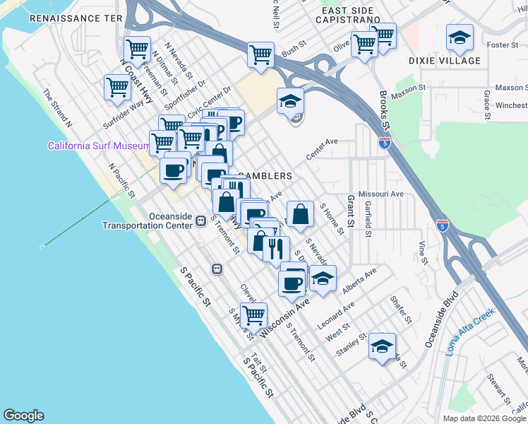map of restaurants, bars, coffee shops, grocery stores, and more near 312 South Ditmar Street in Oceanside