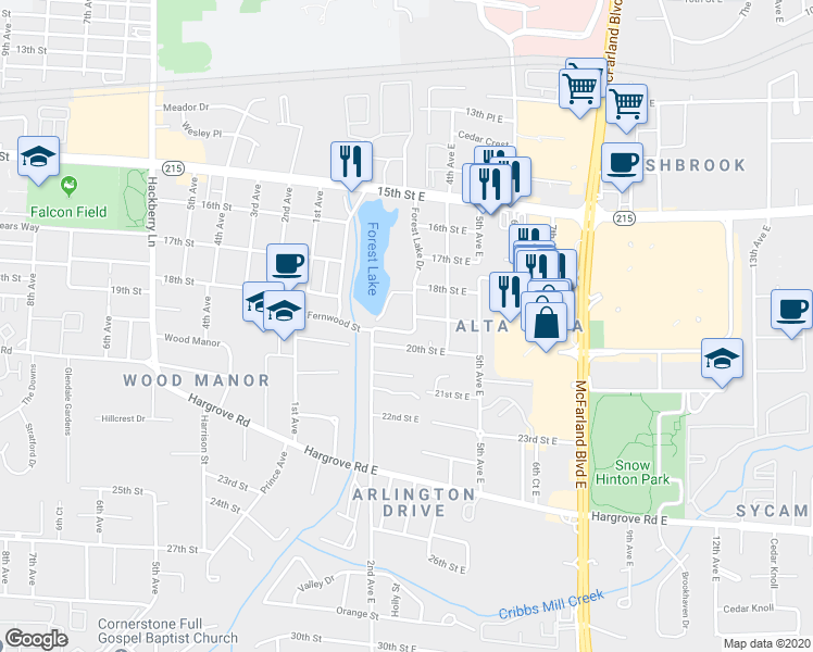 map of restaurants, bars, coffee shops, grocery stores, and more near 1908 Forest Lake Drive in Tuscaloosa