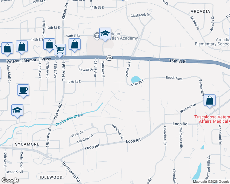 map of restaurants, bars, coffee shops, grocery stores, and more near 68 Coventry in Tuscaloosa