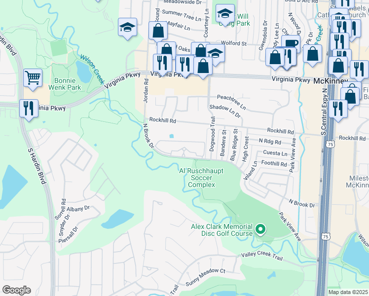 map of restaurants, bars, coffee shops, grocery stores, and more near 2700 North Brook Drive in McKinney