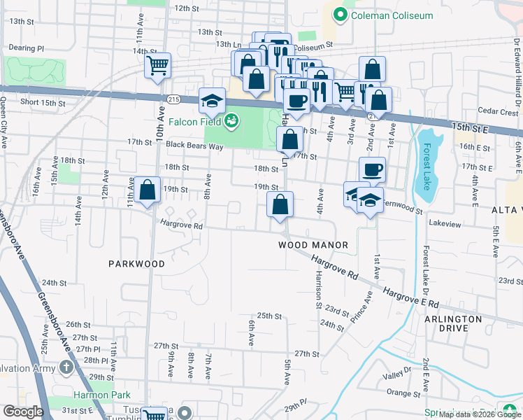 map of restaurants, bars, coffee shops, grocery stores, and more near 2001 6th Avenue in Tuscaloosa