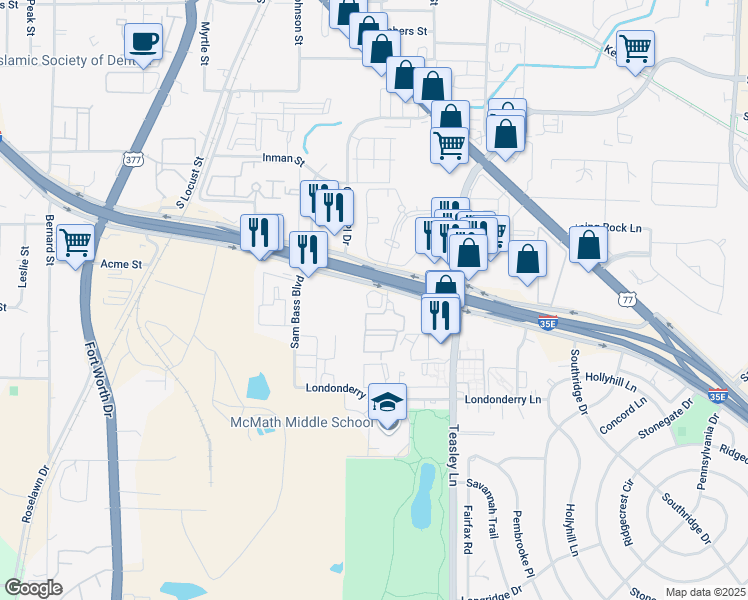 map of restaurants, bars, coffee shops, grocery stores, and more near 490 Interstate 35E in Denton