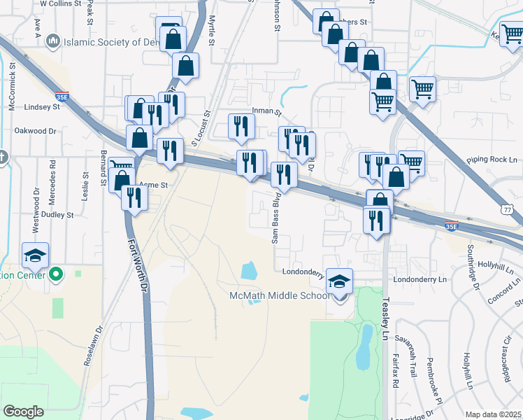 map of restaurants, bars, coffee shops, grocery stores, and more near 1710 Sam Bass Boulevard in Denton